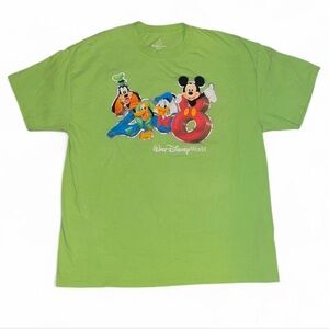Disney World 2008 Mickey Goofy Donald Tee XL Y2K Bright Green Graphic Shirt
